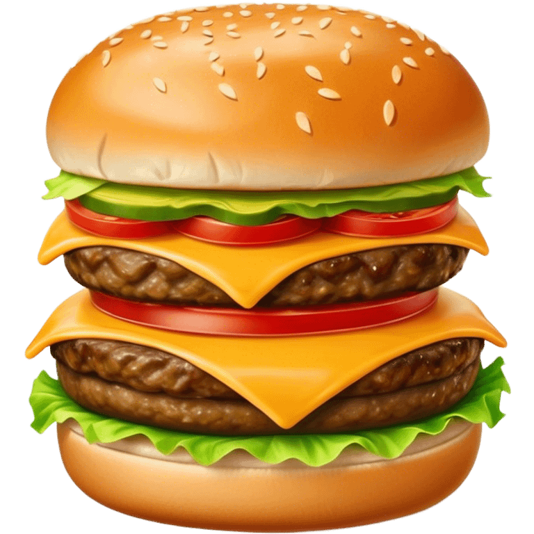 Cinematic juicy cheeseburger, perfectly grilled patty, melted cheese, crisp lettuce, tomatoes, and pickles, soft sesame seed bun, glossy and rich, warm glowing background, ultra-detailed and appetizing. emoji