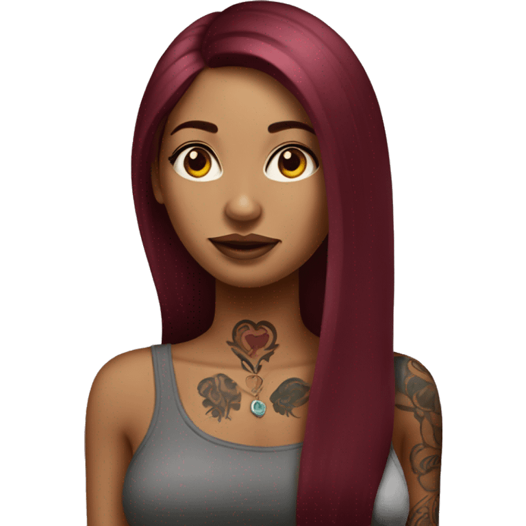 Tattooed woman with long straight burgundy hair emoji