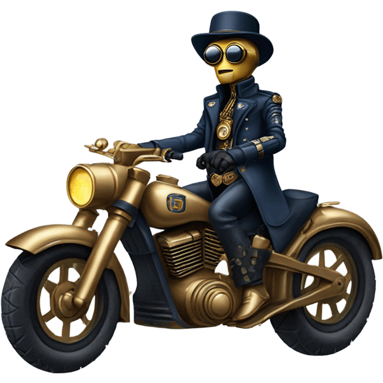 C-3PO wearing a pair of navy-blue sunglasses, hat, leather chaps, fringe jacket riding a steampunk motorcycle on ice  emoji