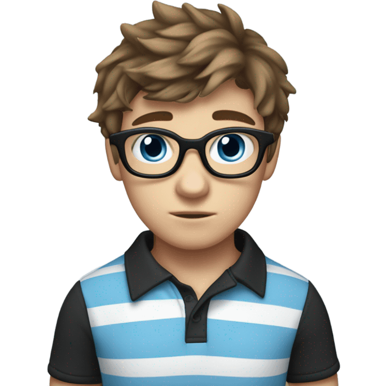 A shy teenage boy with tousled brown hair, large blue eyes, and thick black-rimmed glasses. He wears a light blue striped polo and has a white cast on his left arm. he's nervous emoji