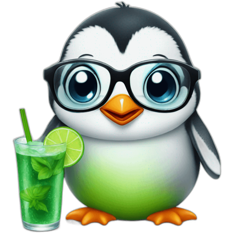 baby penguin with big glasses drinking mojito emoji