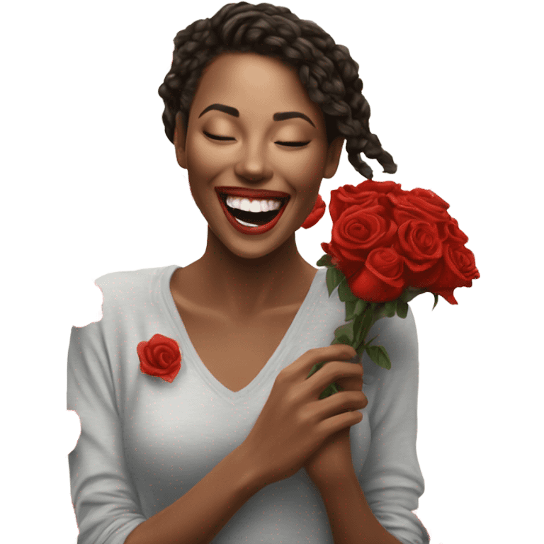 Hyper Realistic beautiful woman smells bouquet of bright red roses laughing  emoji