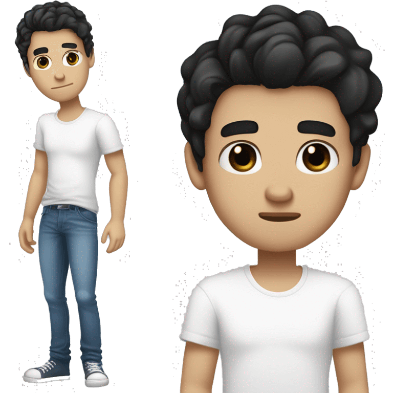 A guy with pale skin, black eyes, tired look, tousled black hair, in a white T-shirt and blue jeans, barefootA guy with pale skin, dark circles under his eyes, black eyes, tired look, tousled black hair, in a white T-shirt and blue je emoji