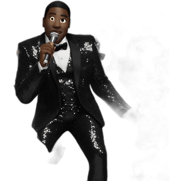 sam richardson in a black sequin suit singing into a microphone full body dancing emoji