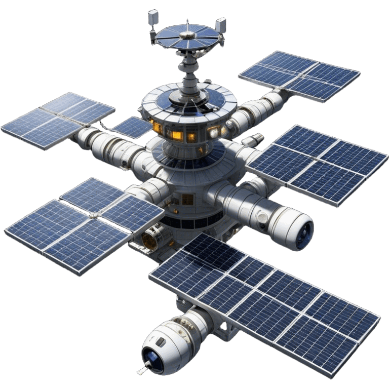  Cinematic Realistic Space Station – A highly detailed, sprawling orbital station with complex solar panels and intricate docking modules. The metallic structure glows faintly from reflected sunlight, with the curvature of Earth and the deep blackness of space in the background. emoji