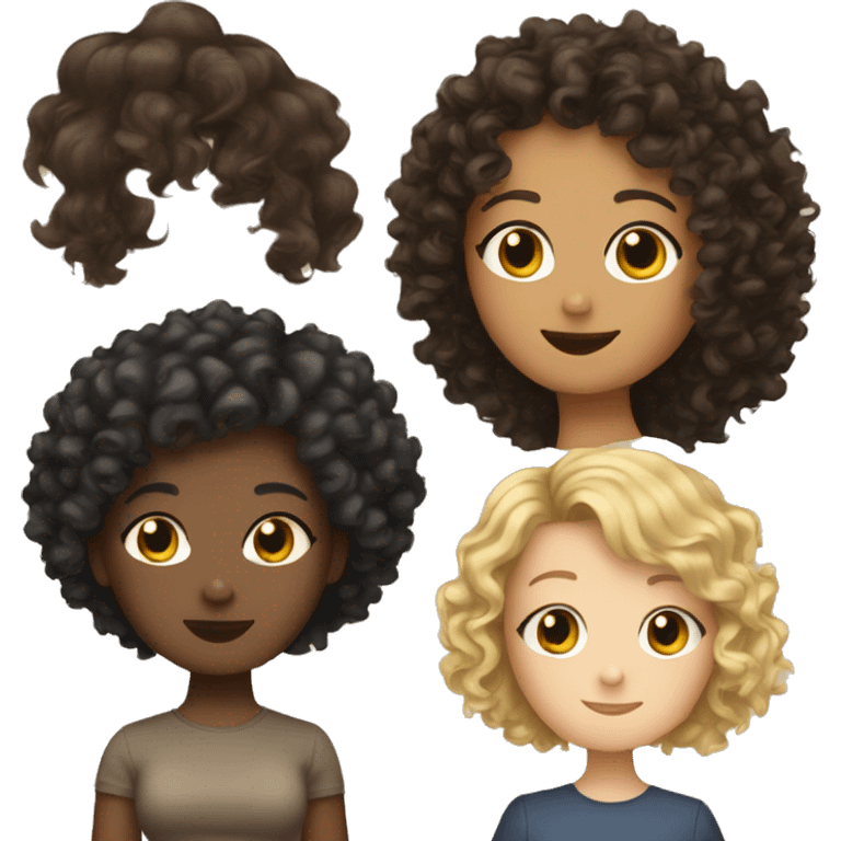 Friend group all girls 2 short hair blond, one very curly haired brunette and one very dark brown haired girl emoji