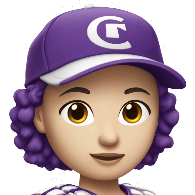 baseball card character. white female. short brunette hair. letter C logo. Purple and white uniform.  emoji