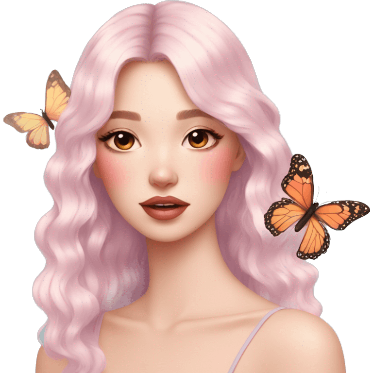 Gorgeous pastel lady with blushing face and butterflies aesthetic trending style emoji