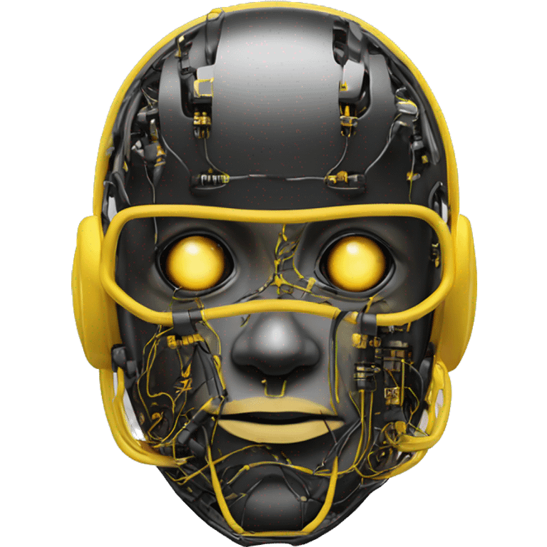 Black and yellow cyborg head with football helmet and circuits emoji