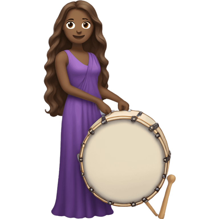 White woman standing with long flowing purple dress and long wavy brown hair holding a small handheld frame drum and a drum beater emoji