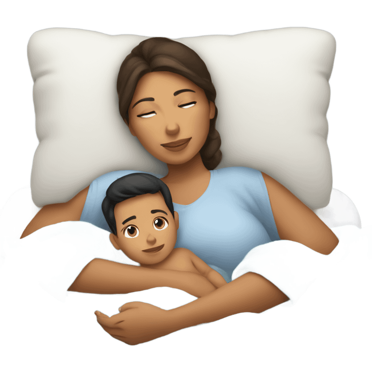 Hispanic mom and newborn baby boy laying in bed emoji