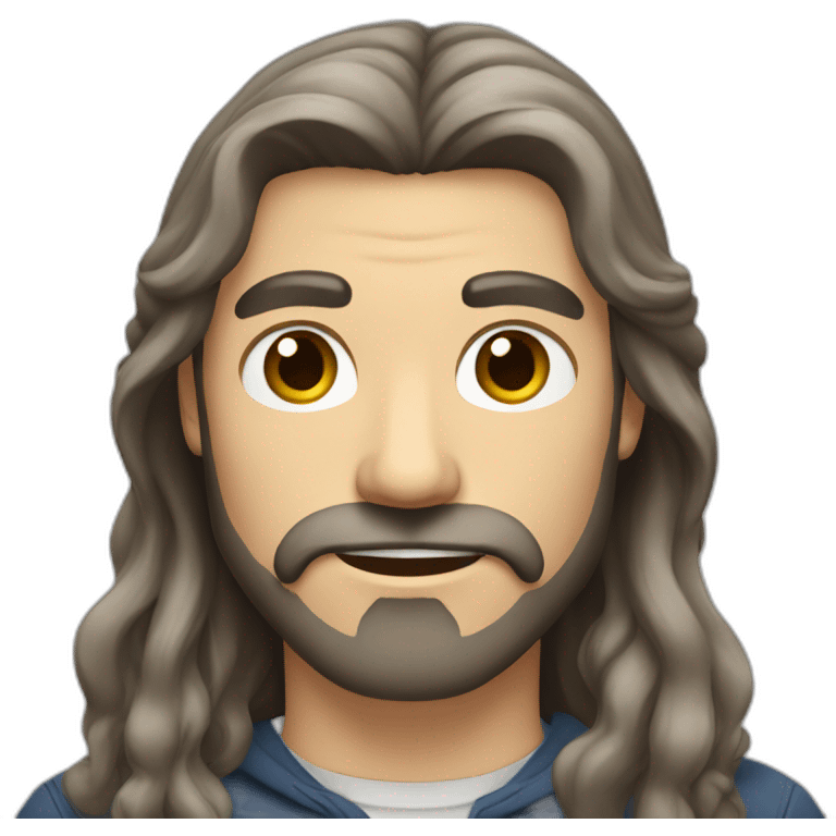 long-haired man with brown hair and mustache and beard, gray eyes emoji