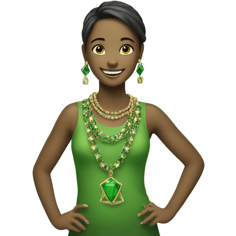 smiling girl with jewelry and green eles emoji