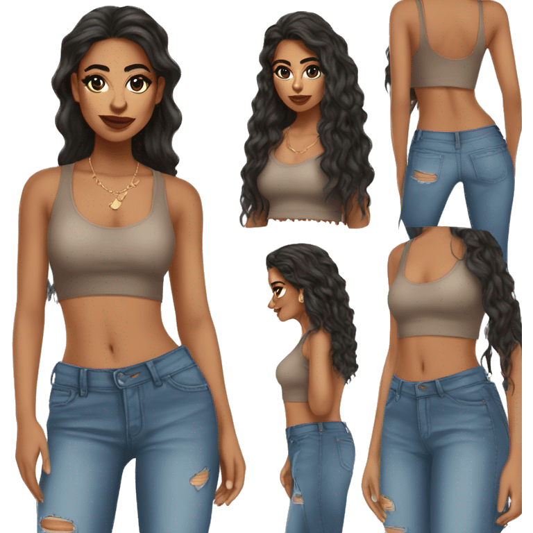 Latina with crop top ripped bootcut jeans and makeup emoji