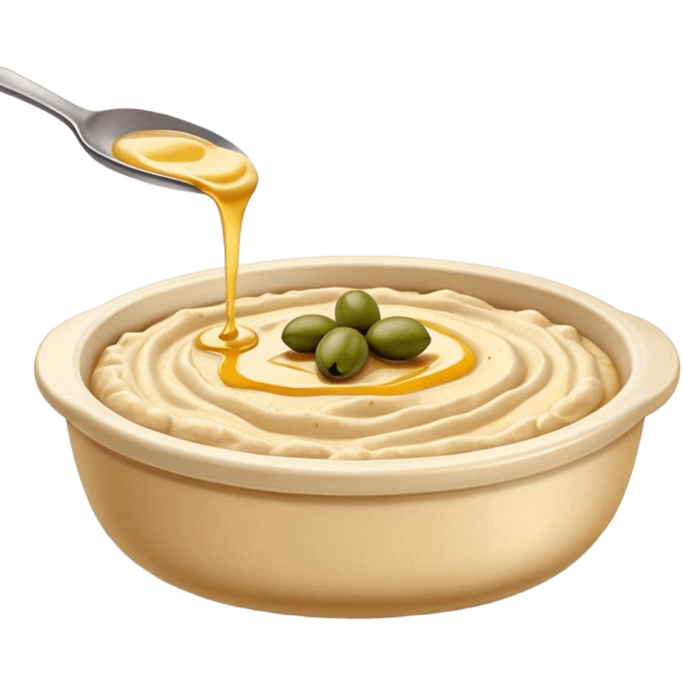 Cinematic Realistic Hummus Dish Emoji, depicted as a creamy chickpea dip drizzled with olive oil rendered with rich textures and warm, inviting lighting. emoji