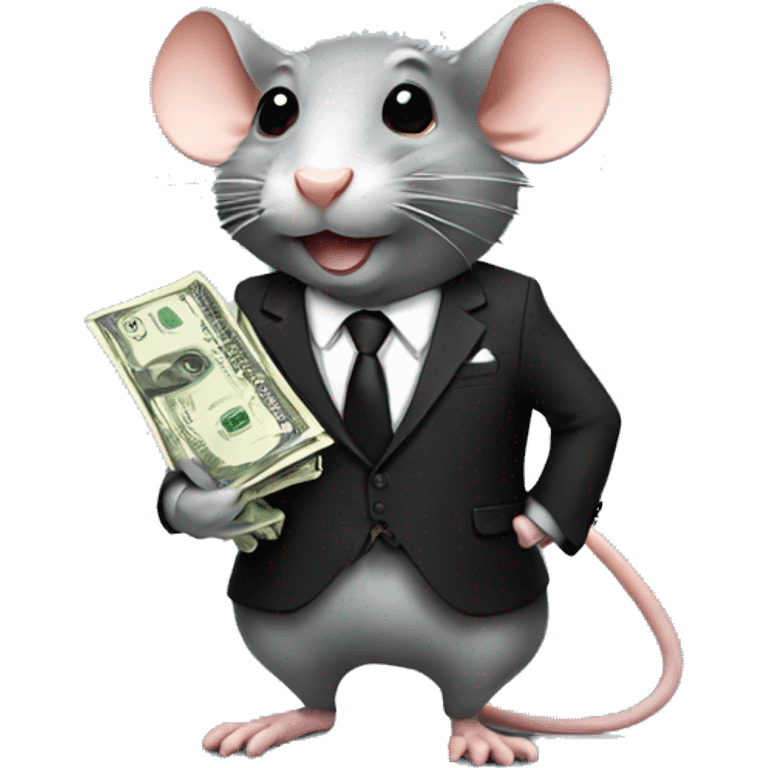 rat wearing a suit and a black tie with lots of money emoji