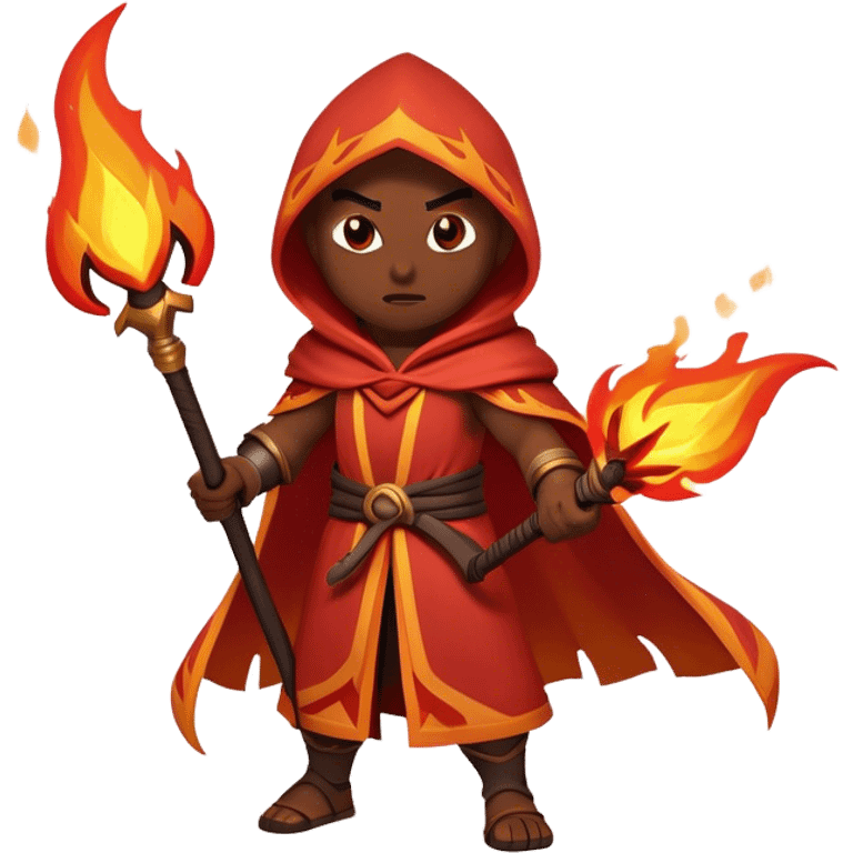 Clash of Clans aesthetic: Cinematic Ferocious Fire Mage Hero closeup Emoji, rendered in a 3D vector-style similar to standard emojis with minimal shading and bold, simplified shapes. A compact, isometric figure draped in flowing, charred and ember-lined robes, wielding a fiery staff crackling with intense flames. Eyes burning with an infernal glow, exuding raw, untamed power. Simplified yet unmistakably iconic, highly detailed and consistent, glowing with a fiery, molten radiance and high shine. Stylized with a touch of menacing sorcery and a searing, ember-infused outline, capturing the essence of a wrathful mage ready to unleash devastating fire magic! emoji