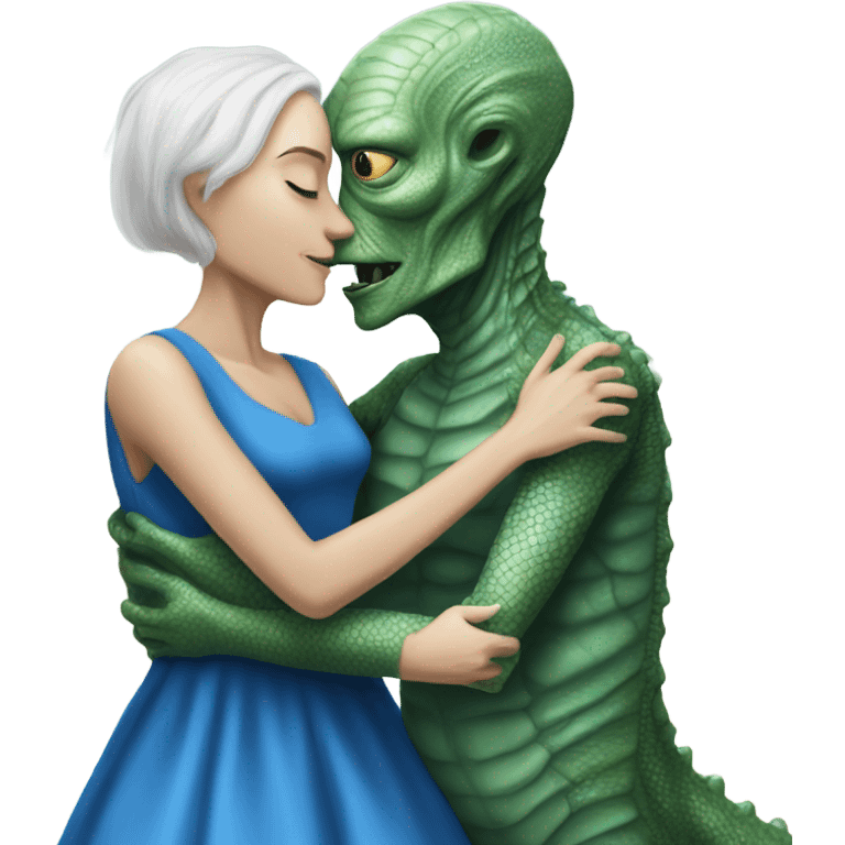 White man in blue dress  hugs and kissing Alien reptilian woman in silver dress  emoji