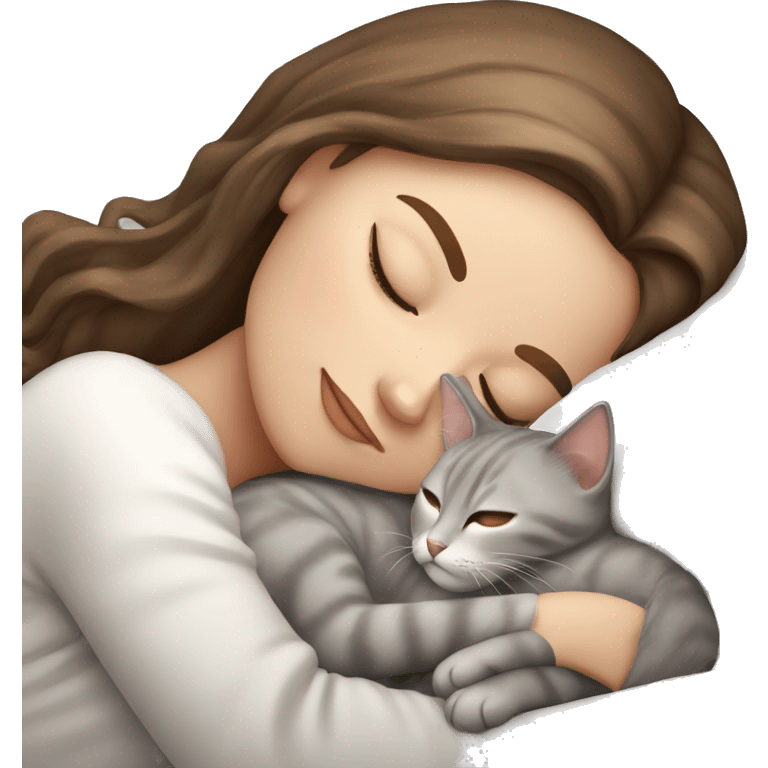 White girl brown hair sleeping with light grey kitty emoji