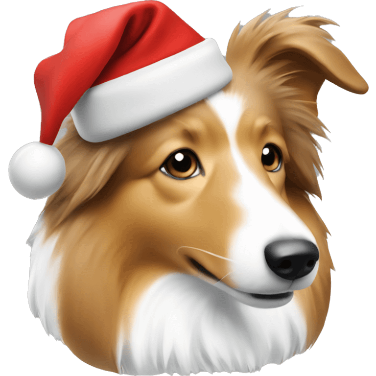 White, light brown Sheltie dog with Christmas hat emoji