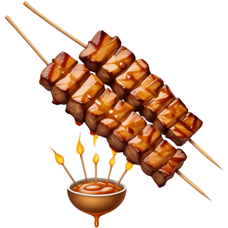 Cinematic Realistic Satay Dish Emoji, depicted as skewered, marinated meat grilled to perfection rendered with rich, smoky textures and dynamic, appetizing lighting. emoji