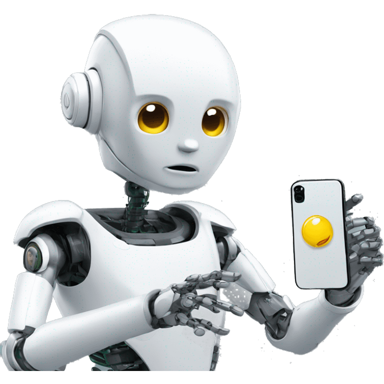 a humanoid robot looking at his iphone emoji