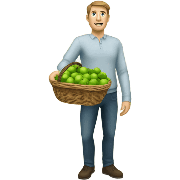 A white man with brown hair and tall carrying many limes in his hands in a supermarket. Make it so the limes are nearly overflowing the basket. emoji