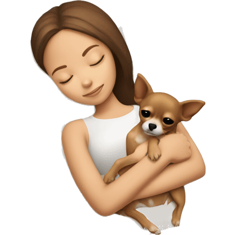 Brown hair girl sleeping with her ALL light brown Chihuahua  emoji