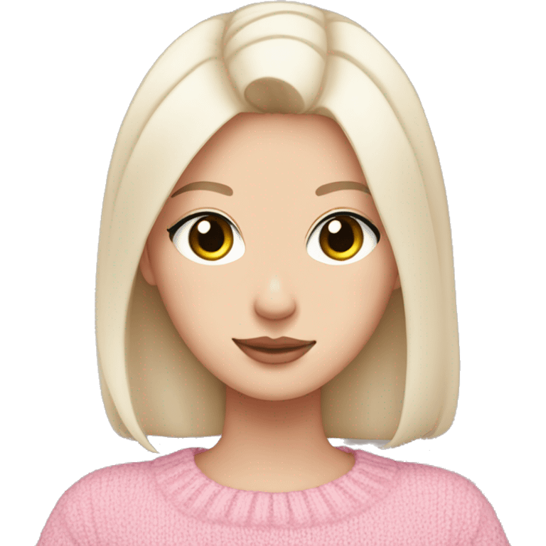 Pretty brown eyed white girl with black hair in a pink sweater holding a white cat emoji