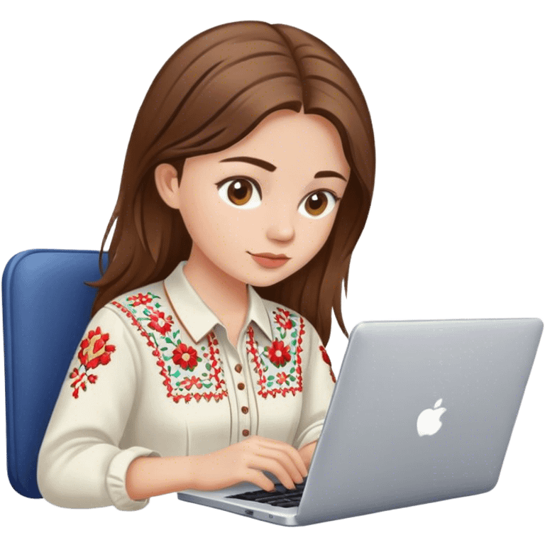 A Ukrainian girl with brown hair in an embroidered shirt works at her laptop emoji