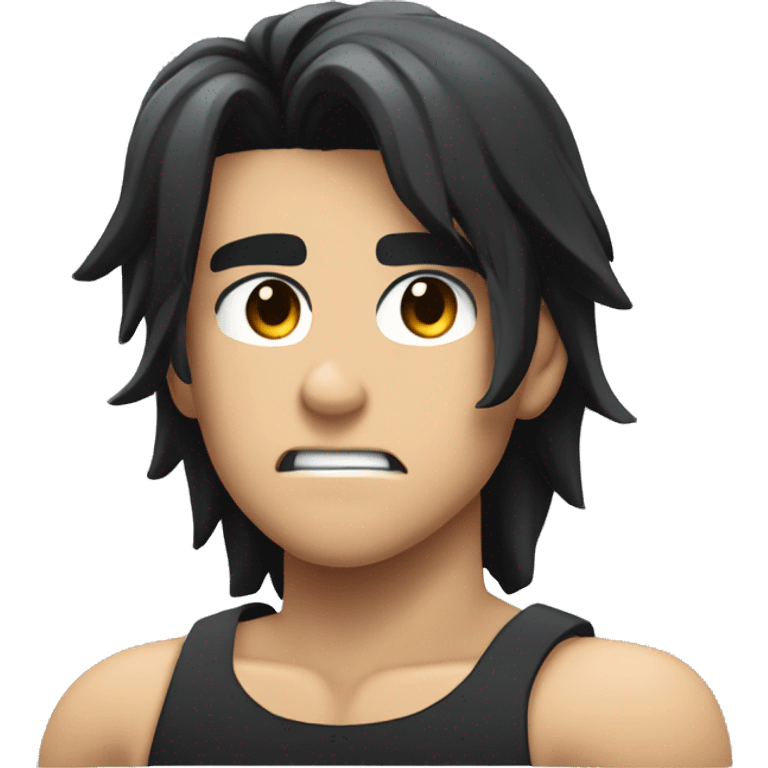 Create an emoji of a muscular anime character in profile view, with a serious expression, black hair, wearing a tight black t-shirt, and showcasing defined muscles. The background should be a simple light grey circle. emoji