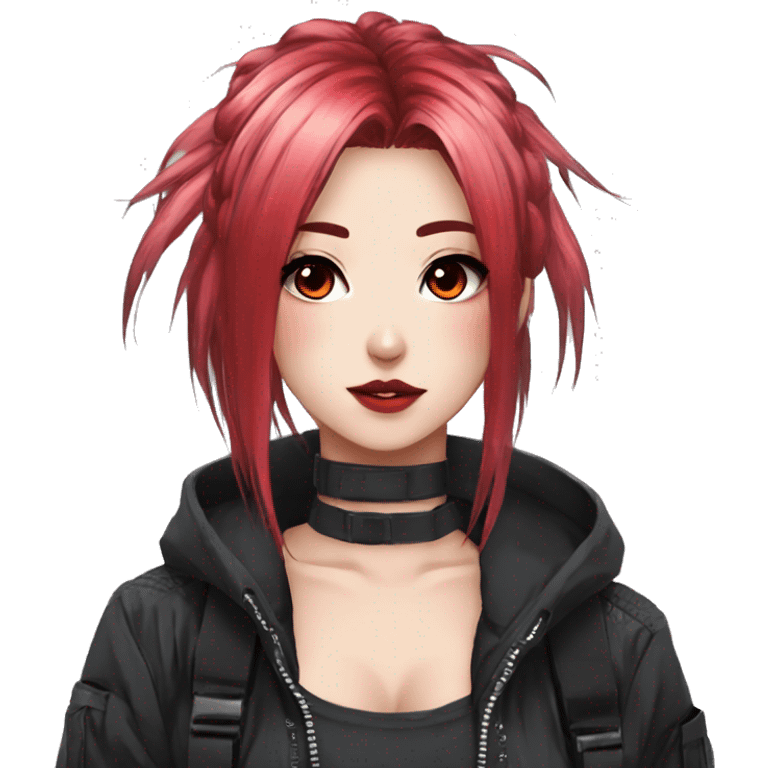 Gorgeous techwear anime style lady with blushing face aesthetic and pretty edgy black red punk hair with hair garment trending style emoji