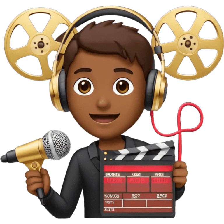 Create a dynamic and cinematic emoji that represents voice-over and dubbing in films. The design should feature a microphone, sound waves, and a film reel or movie clapperboard, symbolizing the connection between voice acting and film production. Add elements like headphones or a voice actor's silhouette to emphasize the human element of dubbing. Use vibrant, cinematic colors like gold, black, and red to create a sense of drama and creativity. The background should be transparent. emoji