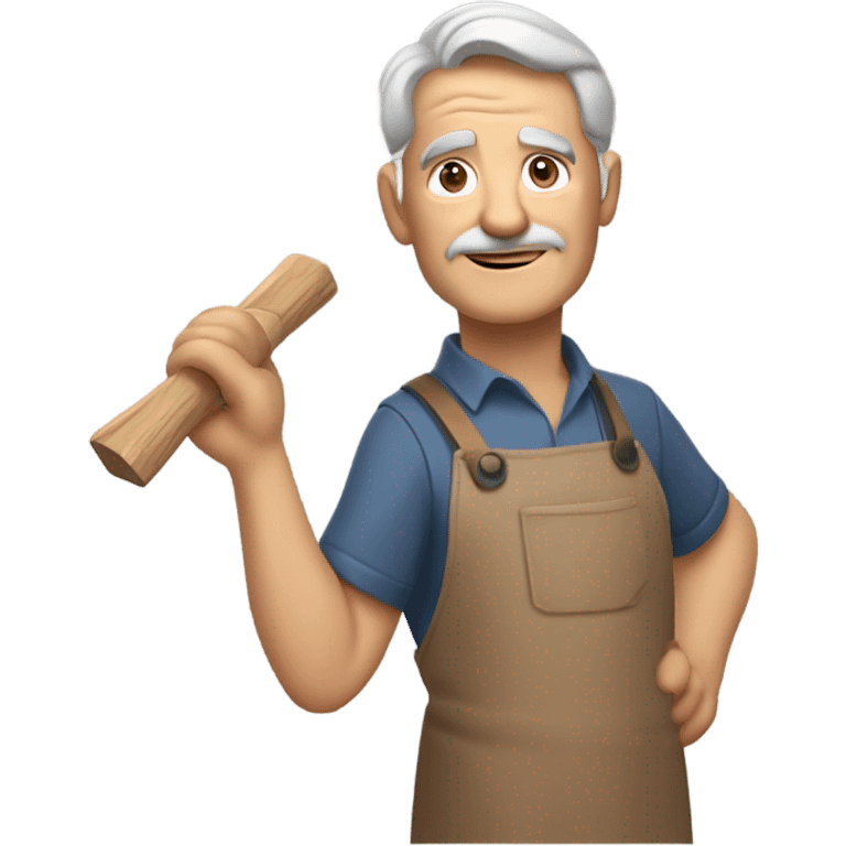 "A older man with rough hands, short light brown hair, and a friendly, naive expression. He wears a work apron over simple clothes and holds a hammer or wood in a rustic workshop." emoji