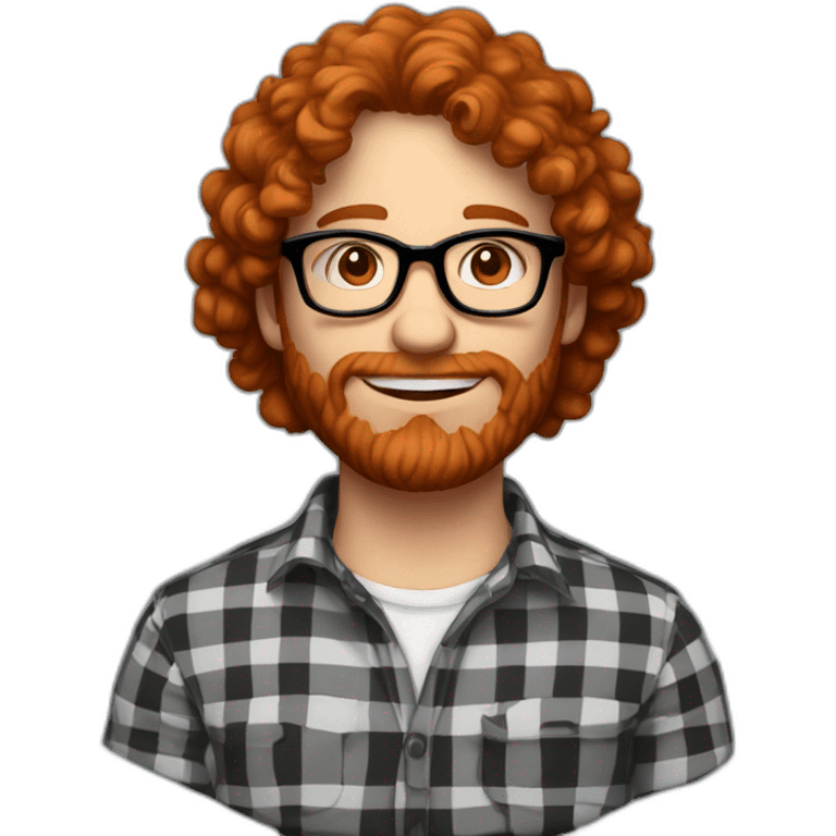 man. around 25. redhead. curly hair. with beard and glasses. shirt with black and red checks emoji