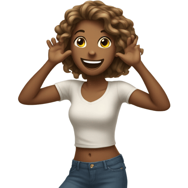 Girl flipping her hair with her hands in proud  with a smile  emoji