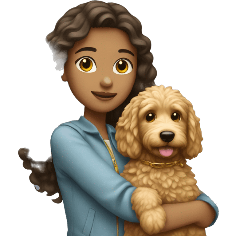 brunette girl holding golden doodle  emoji