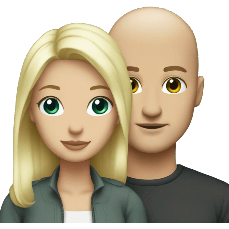 Couple. White. Male bald. 35. Teal eyes.  Woman blonde. 35. Teal eyes.  emoji