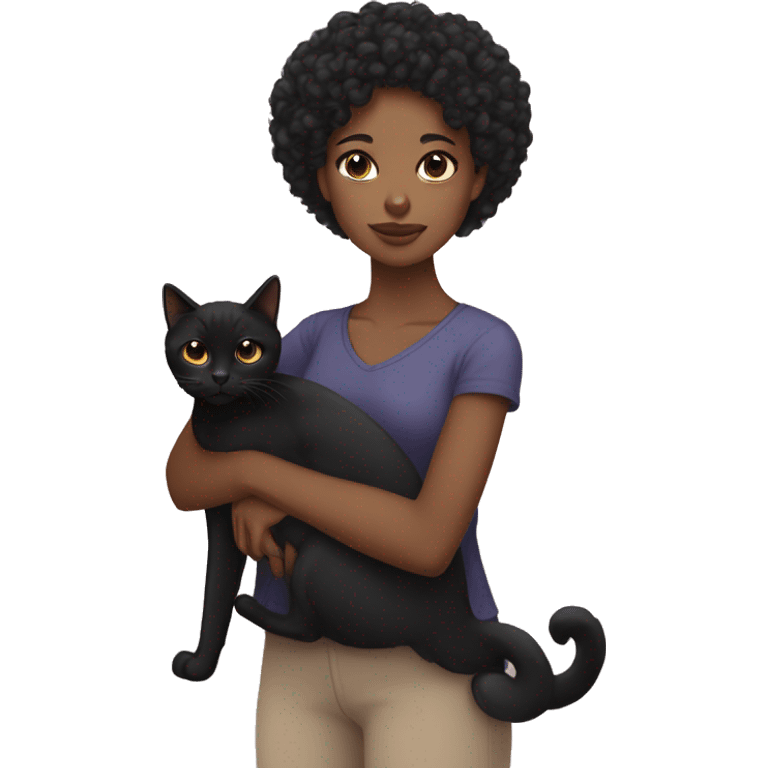 A black girl with thin eyes and with short black curly hair holding a black cat in her arms  emoji