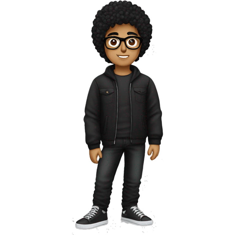 persian boy with curly black hair and glasses and black t-shirt and black puffer west with black jeans and white sneakers emoji