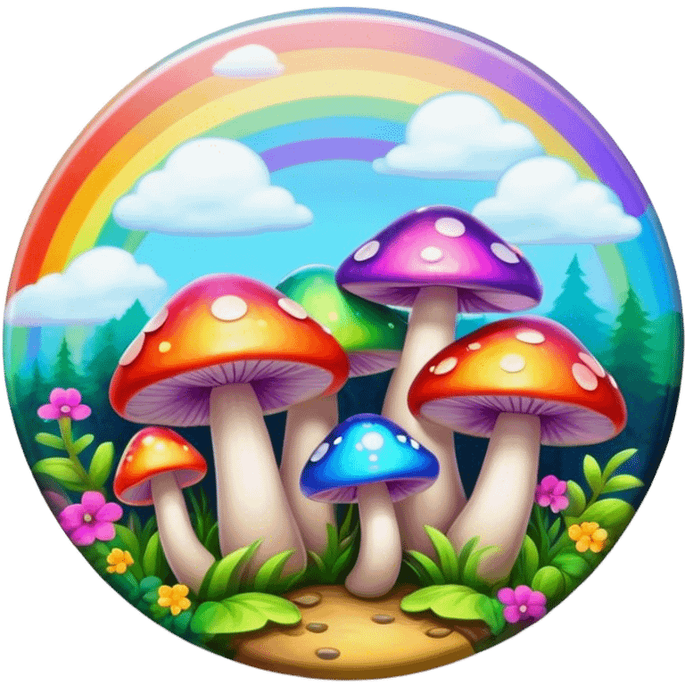 A round psychedelic colored button with bezeled edges and rainbow colored mushrooms emoji