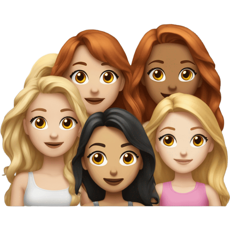 Hyper realistic Group of 5 beautiful girls. Girl 1- brown hair. Girl 2- black hair. Girl 3- redhead. Girl 4- golden hair. Girl 5- light blonde.  emoji