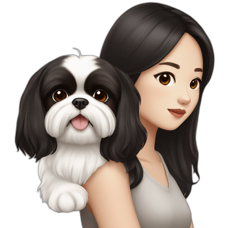 long black hair korean girl with white and brown shih tzu emoji