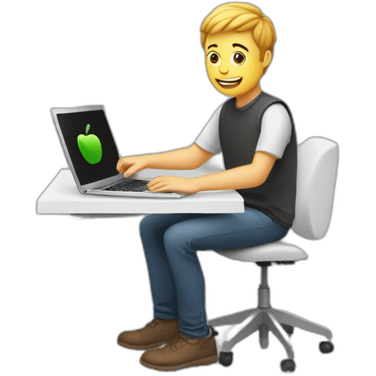 white video editor man using small apple laptop on side emoji