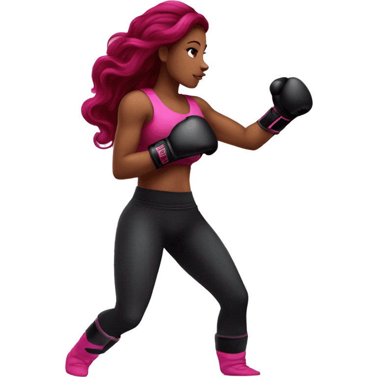 Beautiful tattooed  burgundy long haired woman boxing with pink gloves emoji