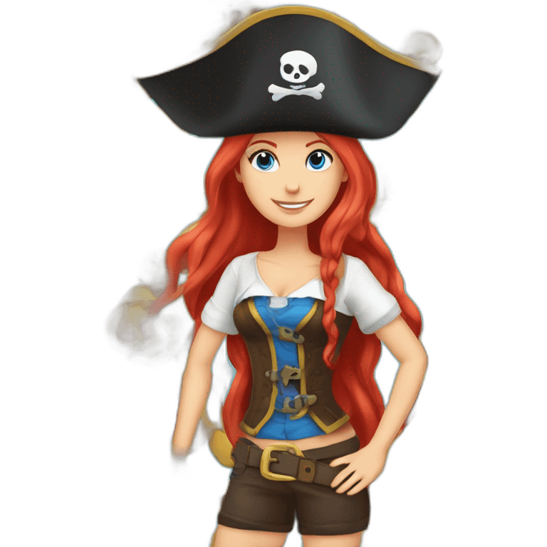 Woman long red platted hair, hair to one side. pirate hat. One side of head has no hair. Blue eyes. skull and crossbones t shirt emoji