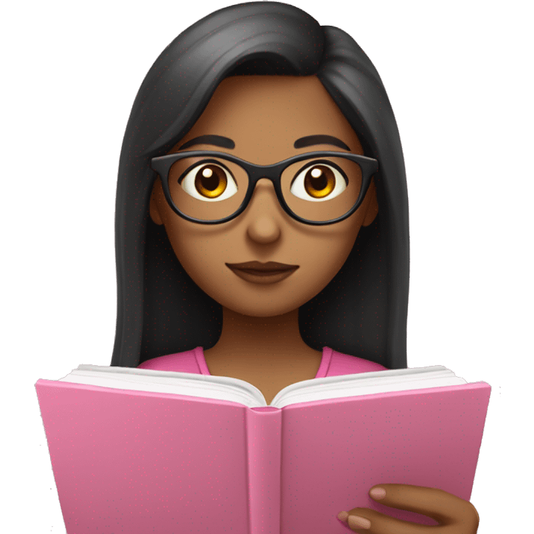 girl with glasses and dark hair reading on a pink tablet emoji