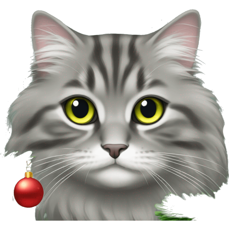 Gray Siberian cat and a Christmas tree  emoji