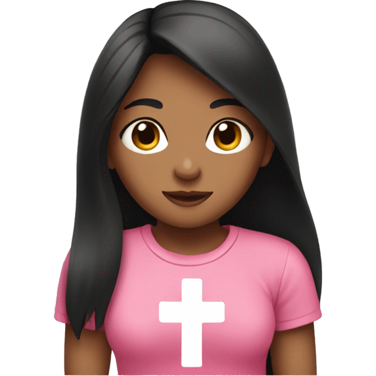 girl with black long hair wearing pink t-shirt with cross in her heart emoji