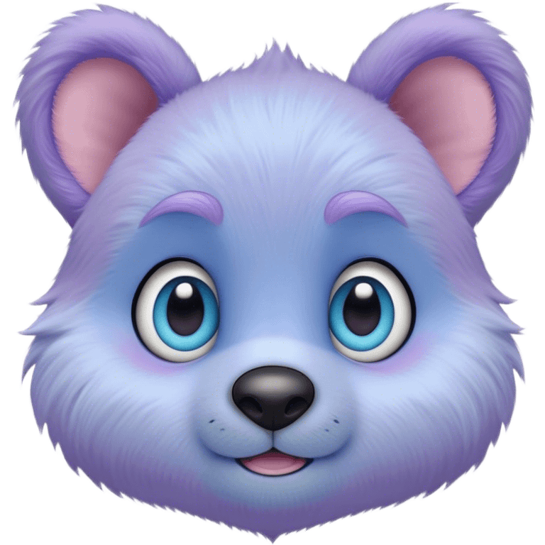 A creature with pastel purple fur and large pixar blue eyes and small ears like a teddy bear emoji